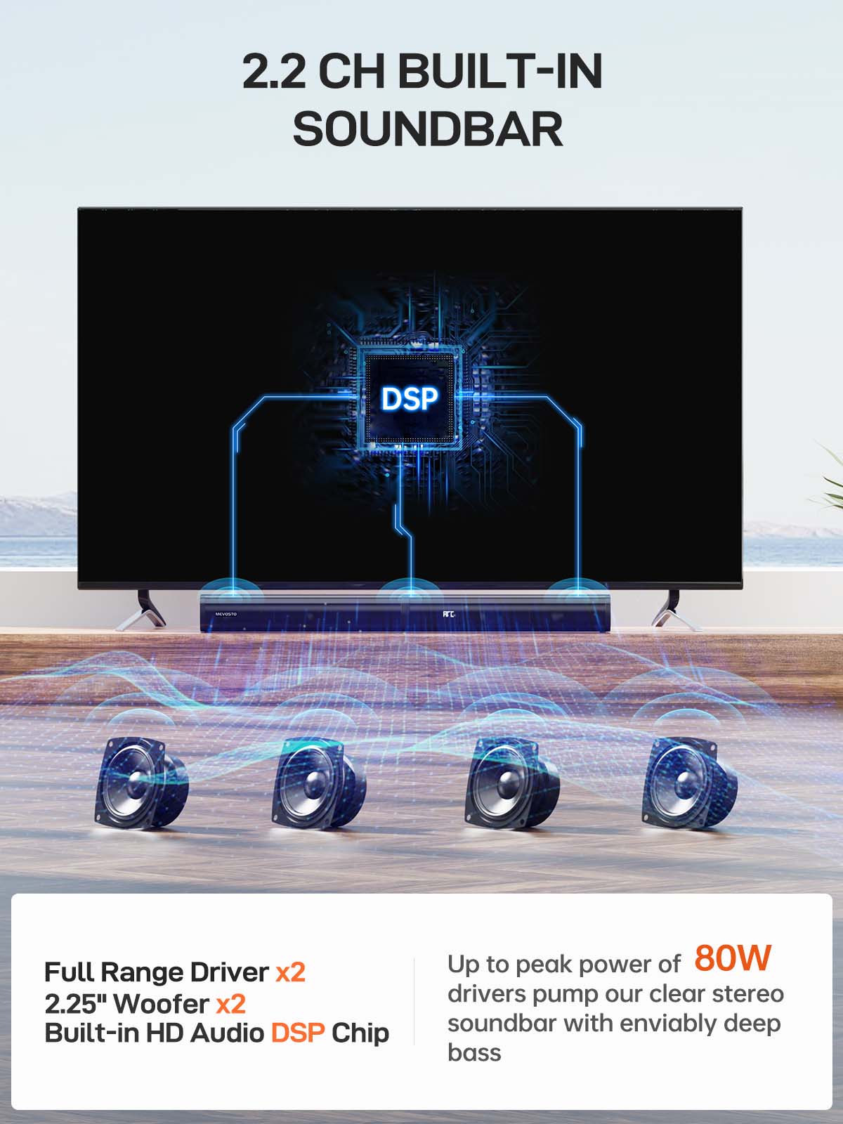 Sound Bar 2 in 1 Separable MEVOSTO 2.2CH Soundbar for TV 80W Built-in Dual Woofers with ARC/Optical/AUX/BT 5.0 Bass/Treble Adjustable Wall Mountable Surround Sound Home Theater System-31inch