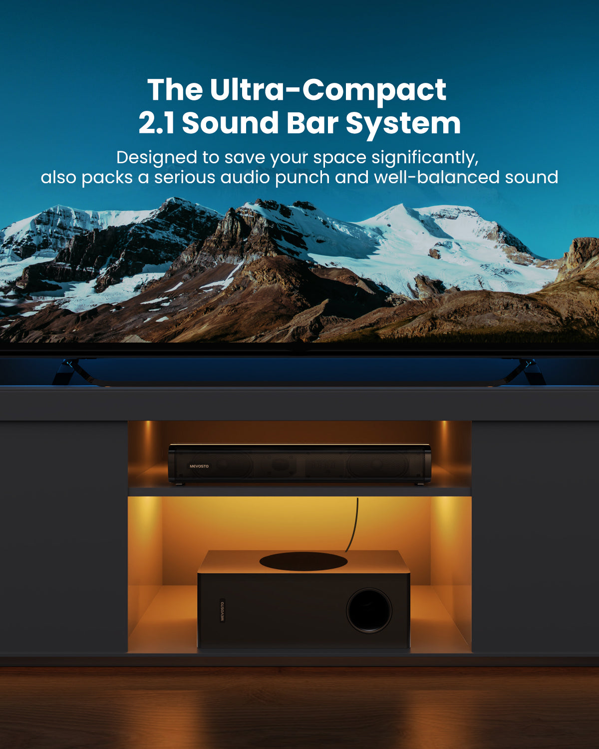 MEVOSTO Soundbar für TV Geräte mit Subwoofer, 2.1CH TV-Soundbar mit 5,25" Tieftöner, 12L Surround-Sound für PC-Gaming, BT5.0/ARC/Opt/AUX, Bässe und Höhen einstellbar für Heimkino Soundsystem