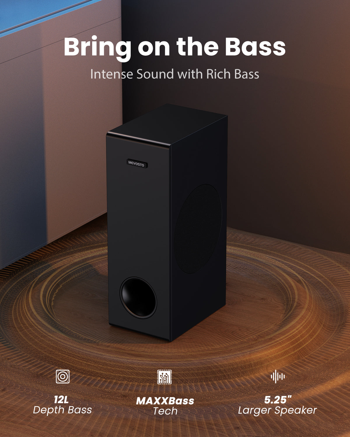 MEVOSTO Soundbar für TV Geräte mit Subwoofer, 2.1CH TV-Soundbar mit 5,25" Tieftöner, 12L Surround-Sound für PC-Gaming, BT5.0/ARC/Opt/AUX, Bässe und Höhen einstellbar für Heimkino Soundsystem