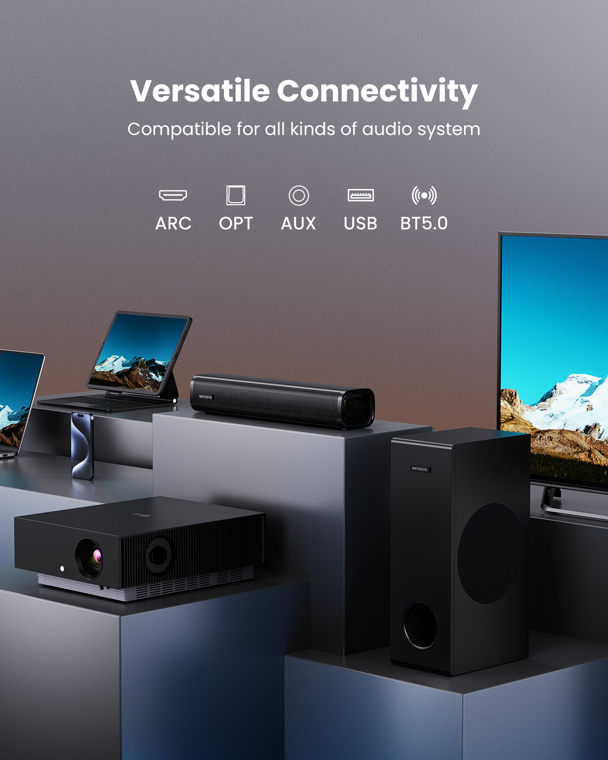 MEVOSTO Soundbar für TV Geräte mit Subwoofer, 2.1CH TV-Soundbar mit 5,25" Tieftöner, 12L Surround-Sound für PC-Gaming, BT5.0/ARC/Opt/AUX, Bässe und Höhen einstellbar für Heimkino Soundsystem