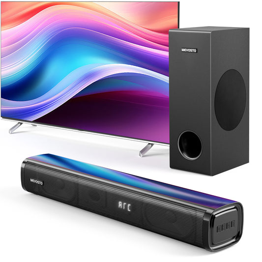 MEVOSTO Sound Bar with Subwoofer, 2.1CH Ultra-Compact Sound Bar for Smart TV, PC Gaming, 120W Wall-Mountable Soundbar with 5 EQ Modes/Bass&Treble Adjustable, ARC/BT 5.0/Optical/AUX, 12L Depth Bass